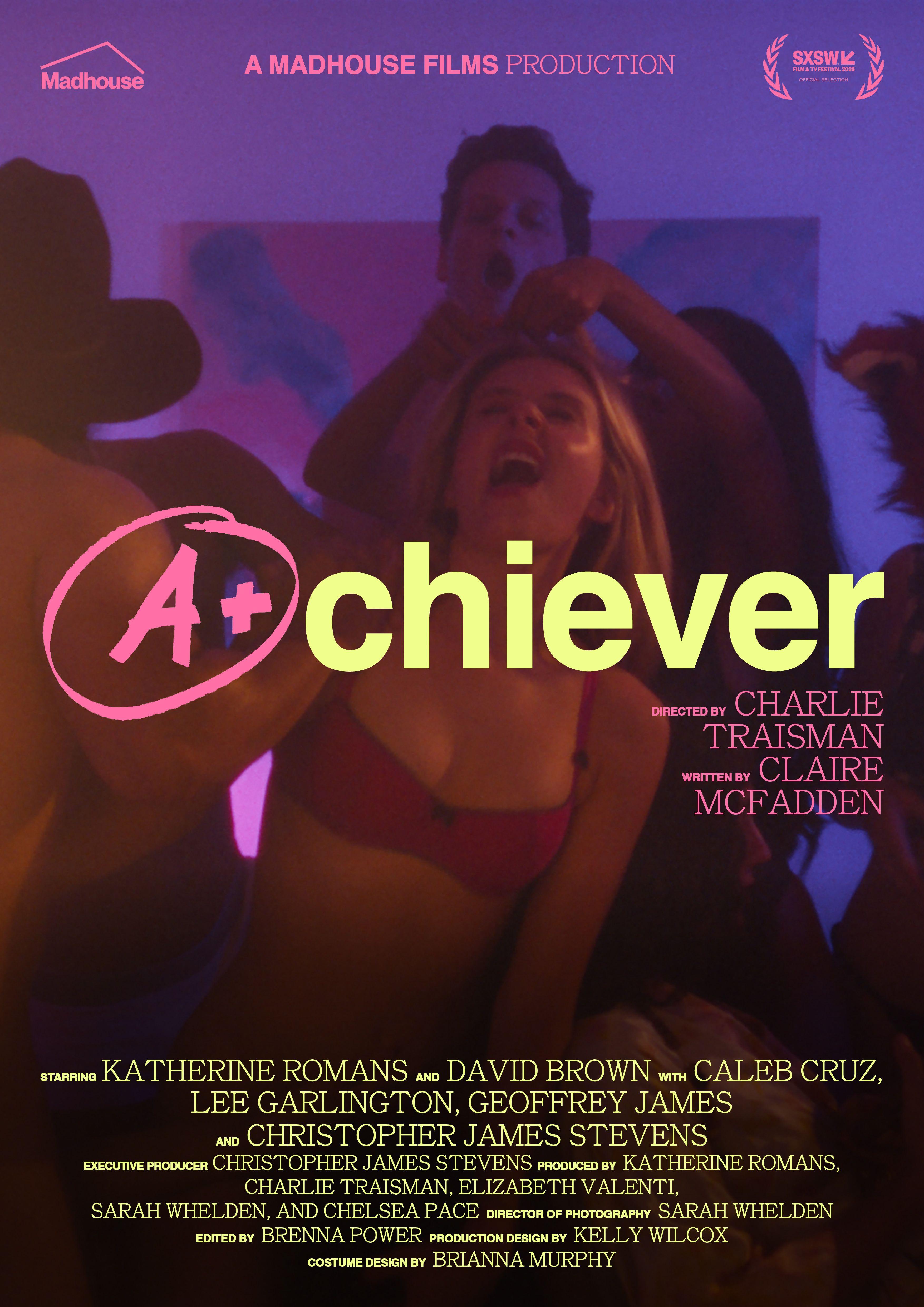 Film poster for "Achiever," depicting a woman in an orgy.